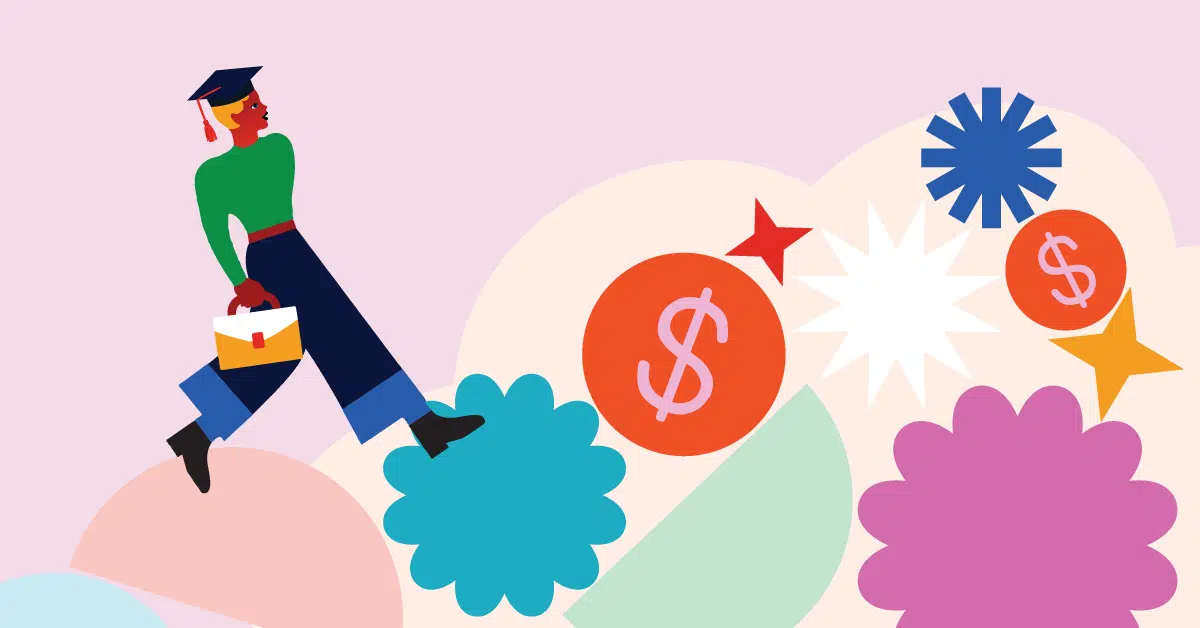 Illustration of a person in a green shirt and graduation cap holding a briefcase. The background features colorful dollar signs and various abstract shapes.
