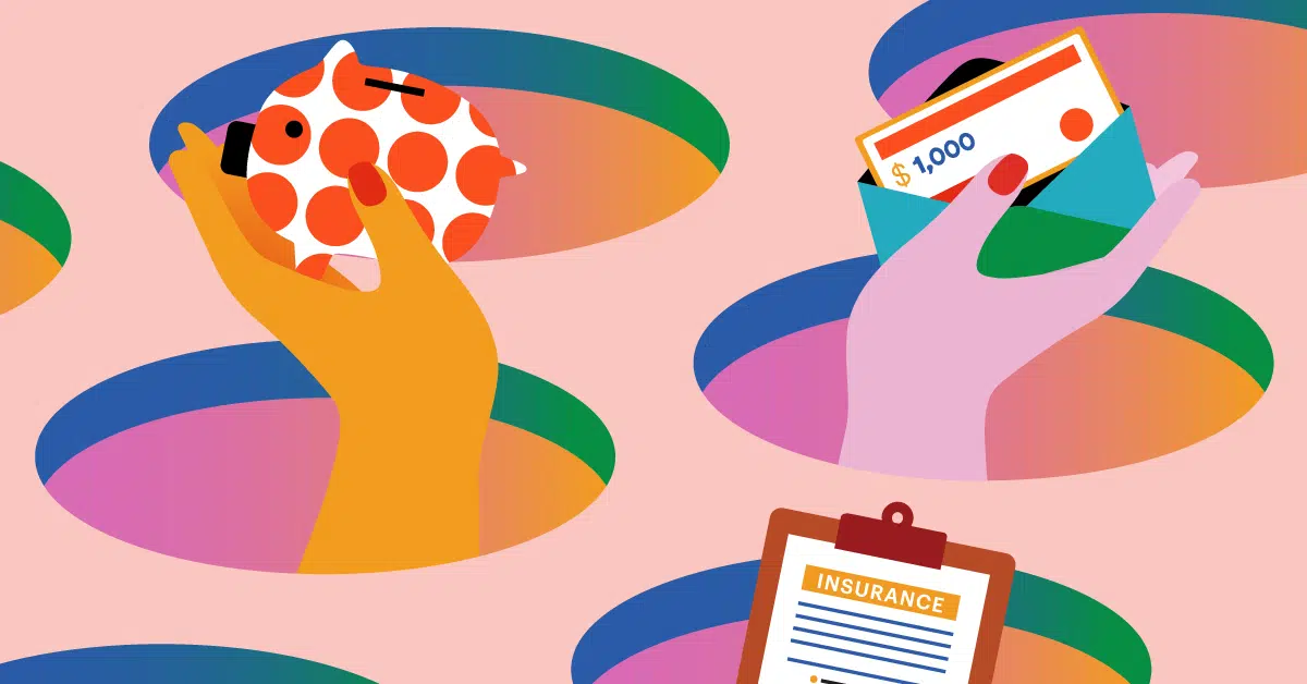 Colorful illustration of hands emerging from holes, holding a polka-dotted piggy bank, a wallet with cash, and an insurance document.