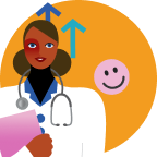 Illustration of a female doctor holding a folder with a stethoscope, blue upward arrows, and a pink smiley face on an orange background.
