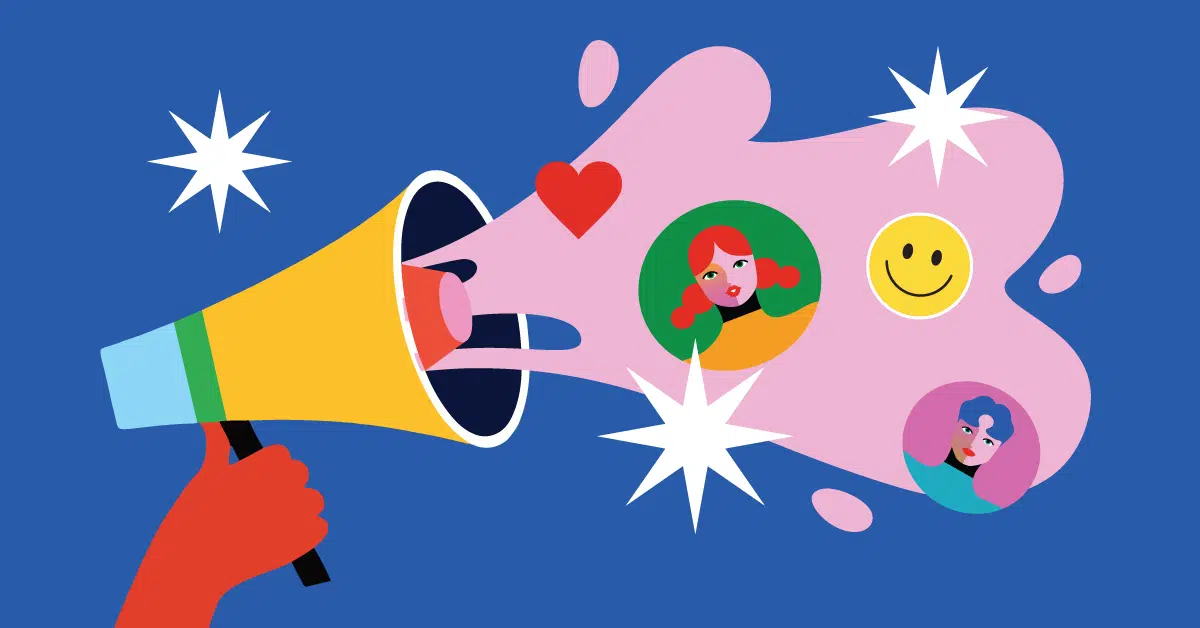 A hand holding a megaphone with various icons, including a heart, smiley face, and two human avatars, emerging from it against a blue background with white stars.