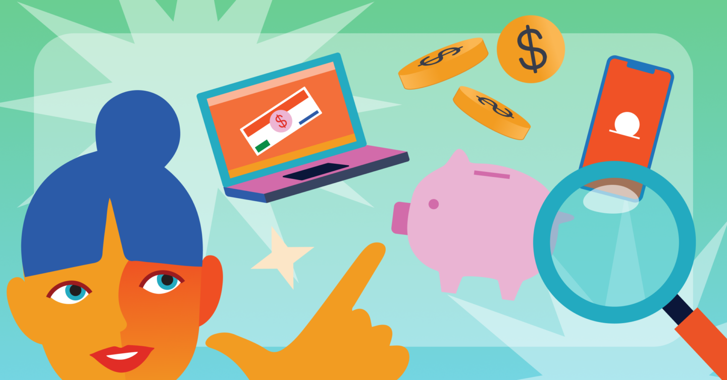 Illustration of a person pointing at icons of a laptop, piggy bank, coins, dollar sign, and smartphone with a magnifying glass, symbolizing financial management and online banking.