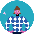 Illustration of a woman with a blue polka dot shirt, pink skin, and brown hair, standing with hands on hips against a blue circular background.