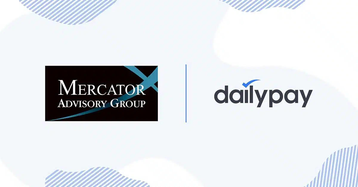 Logos of Mercator Advisory Group and DailyPay are displayed side by side on a white background with blue wave patterns. Mercator's logo features white and teal text on a black background, while DailyPay, known for its earned wage access solutions, has a logo in gray and blue.