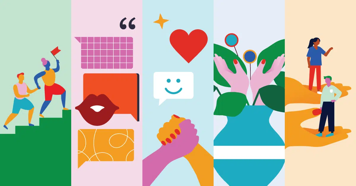 Illustration depicting various scenes: people climbing stairs, speech bubbles, a heart and smiley, hands holding flowers, and two people being held in large hands, symbolizing support and positivity.