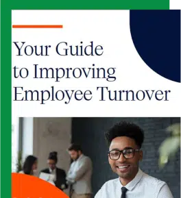 Cover of a guide titled "Your Guide to Improving Employee Turnover" with an image of a smiling person wearing glasses in the foreground and two people conversing in the background.