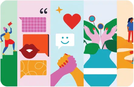 Colorful illustration depicting various elements like a person holding a book, speech bubbles, a heart, a smiling chat bubble, hands shaking, hands with a plant, and a person walking.