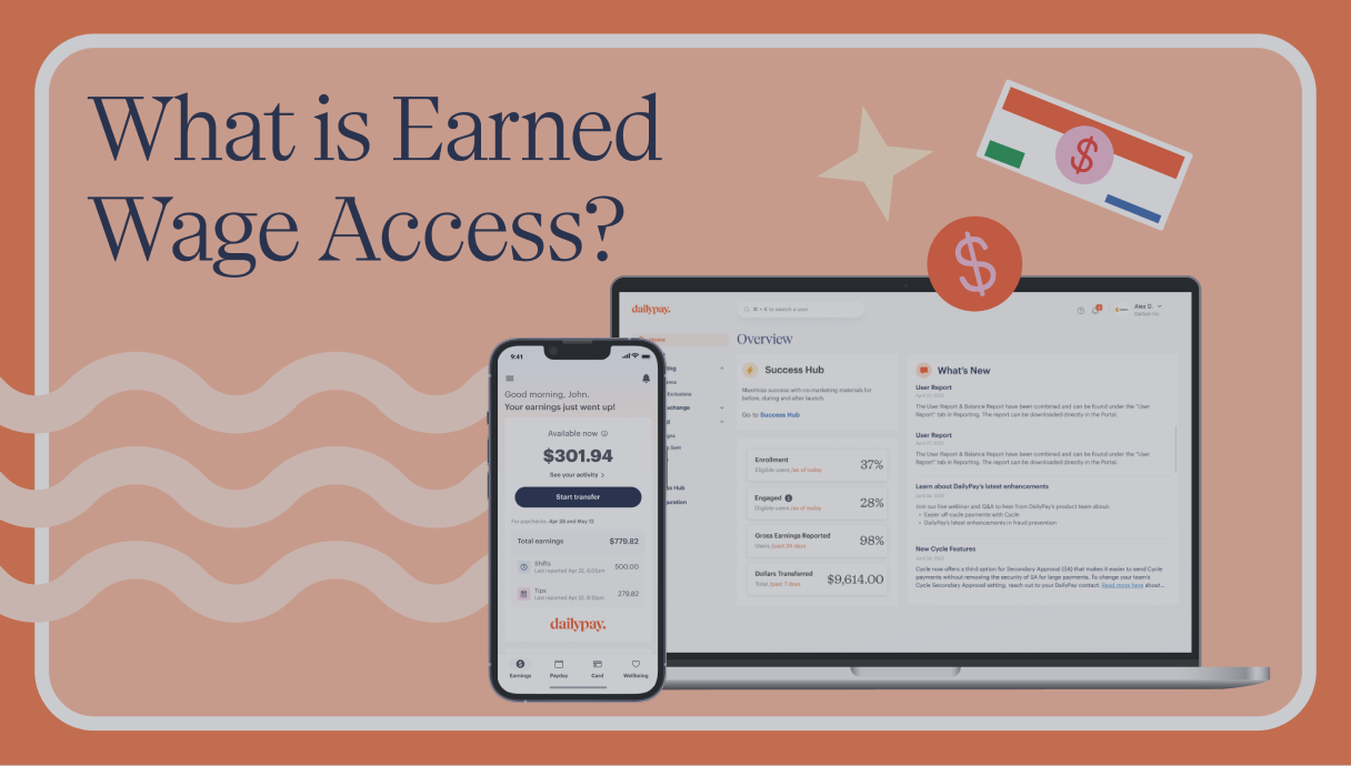 A smartphone and laptop display financial dashboards under the heading “What is Earned Wage Access?” with dollar icons and abstract designs in the background.