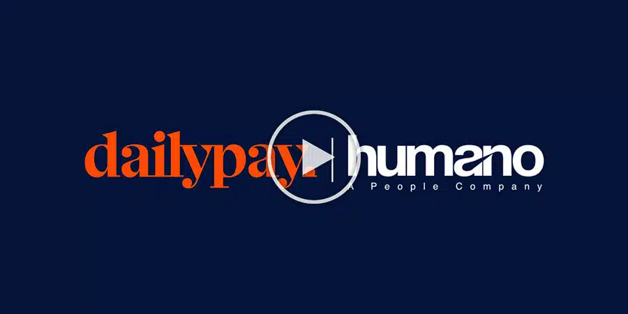 Logo of DailyPay and Humano with a play button in the center, set against a dark blue background.