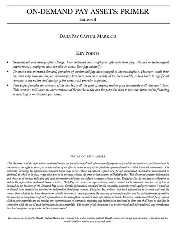 An informational document titled "On-Demand Pay Assets: Primer, Edition II," includes key points about On-Demand Pay benefits, and a section for notes and disclaimers at the bottom.