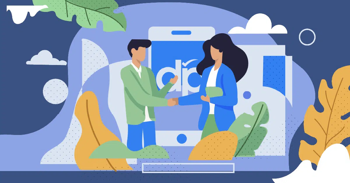 Illustrated image of a man and a woman shaking hands, both dressed in business attire. They are standing in front of a large smartphone displaying a check mark. The background includes abstract leaves and buildings, emphasizing a professional and collaborative environment.