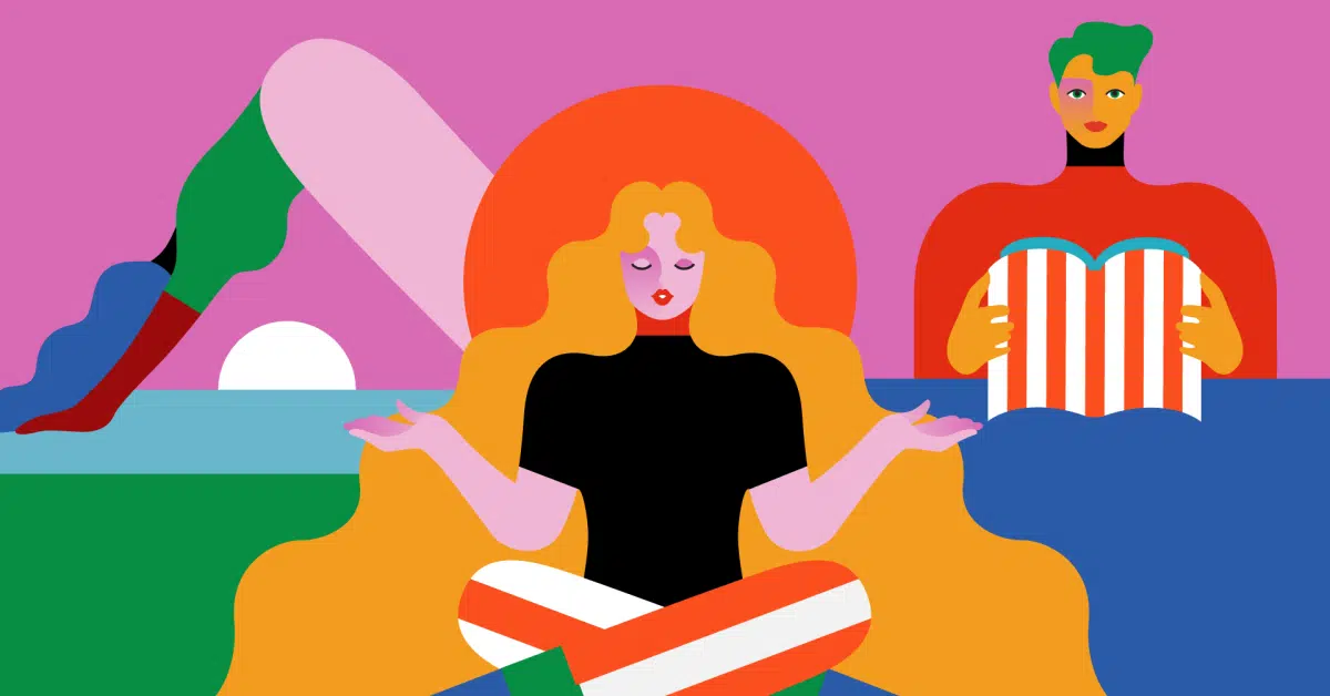 Abstract illustration of a person with long hair meditating in the center, surrounded by vibrant shapes and colors. In the background, another person reads a book.