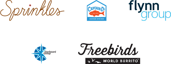 Six restaurant logos: Sprinkles, Captain D's, Flynn Group, Boparan Restaurant Group, Freebirds, and World Burrito displayed on a white background.