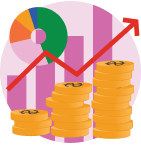 Stacked coins, a rising red arrow, and a pie chart against a bar graph background, representing financial growth and positive economic trends.