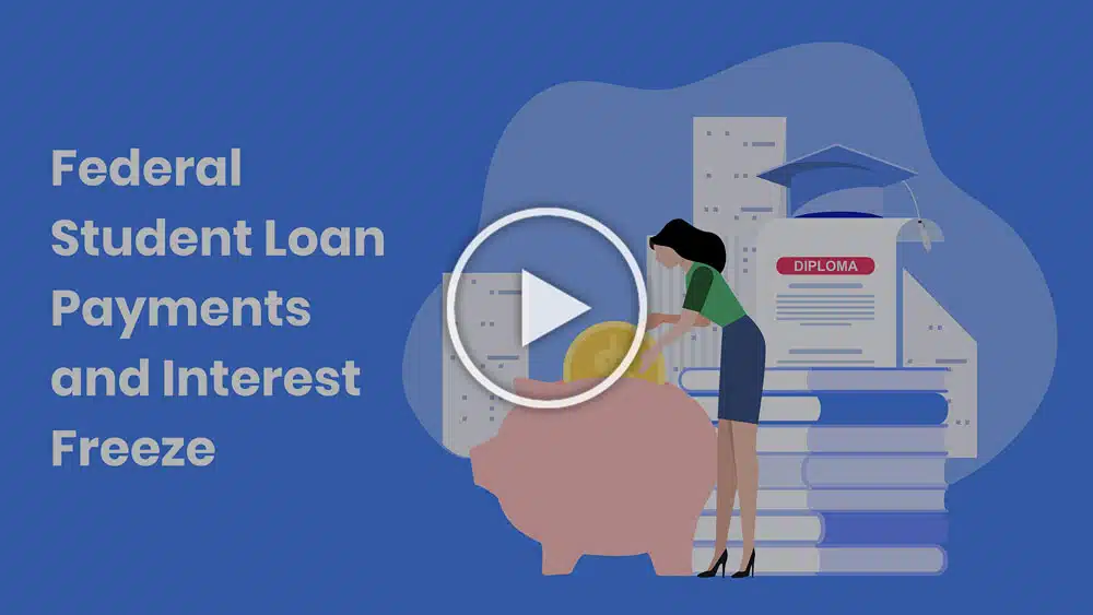 Illustration of a person placing a coin in a piggy bank, with a background featuring books, diploma, graduation cap, and the text "Federal Student Loan Payments and Interest Freeze.