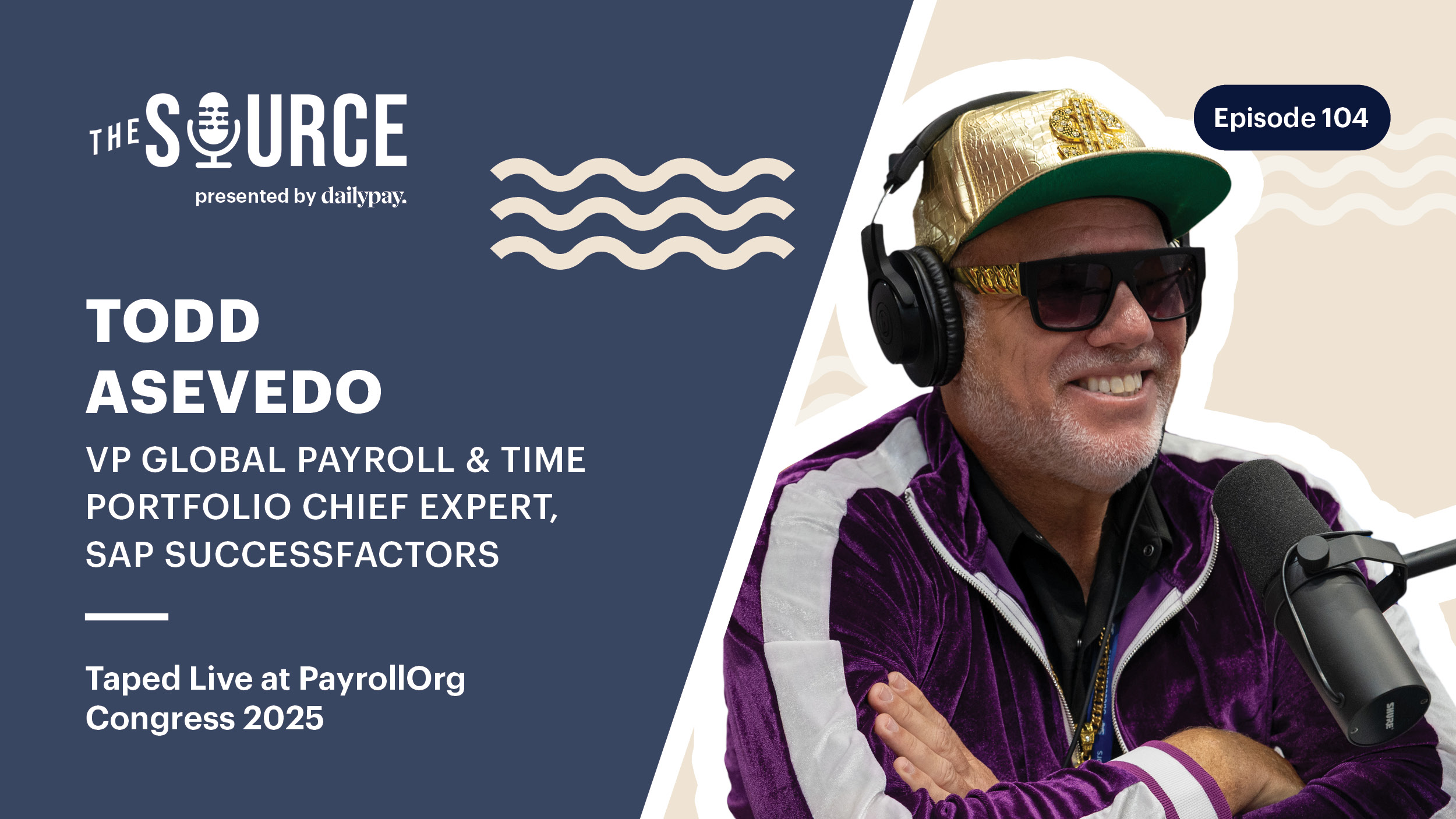 Todd Asevedo wearing sunglasses and headphones speaks into a microphone during a podcast interview for The Source, Episode 104.