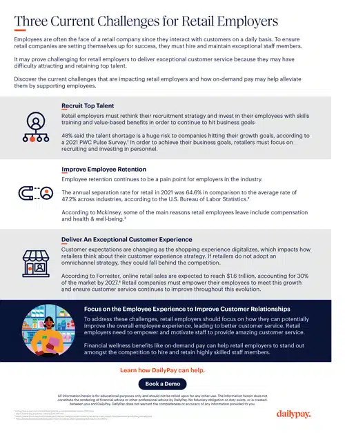 Infographic titled "Three Current Challenges for Retail Employers." It lists challenges: Recruiting Top Talent, Improving Employee Retention, and Delivering an Exceptional Customer Experience, with related statistics and advice.
