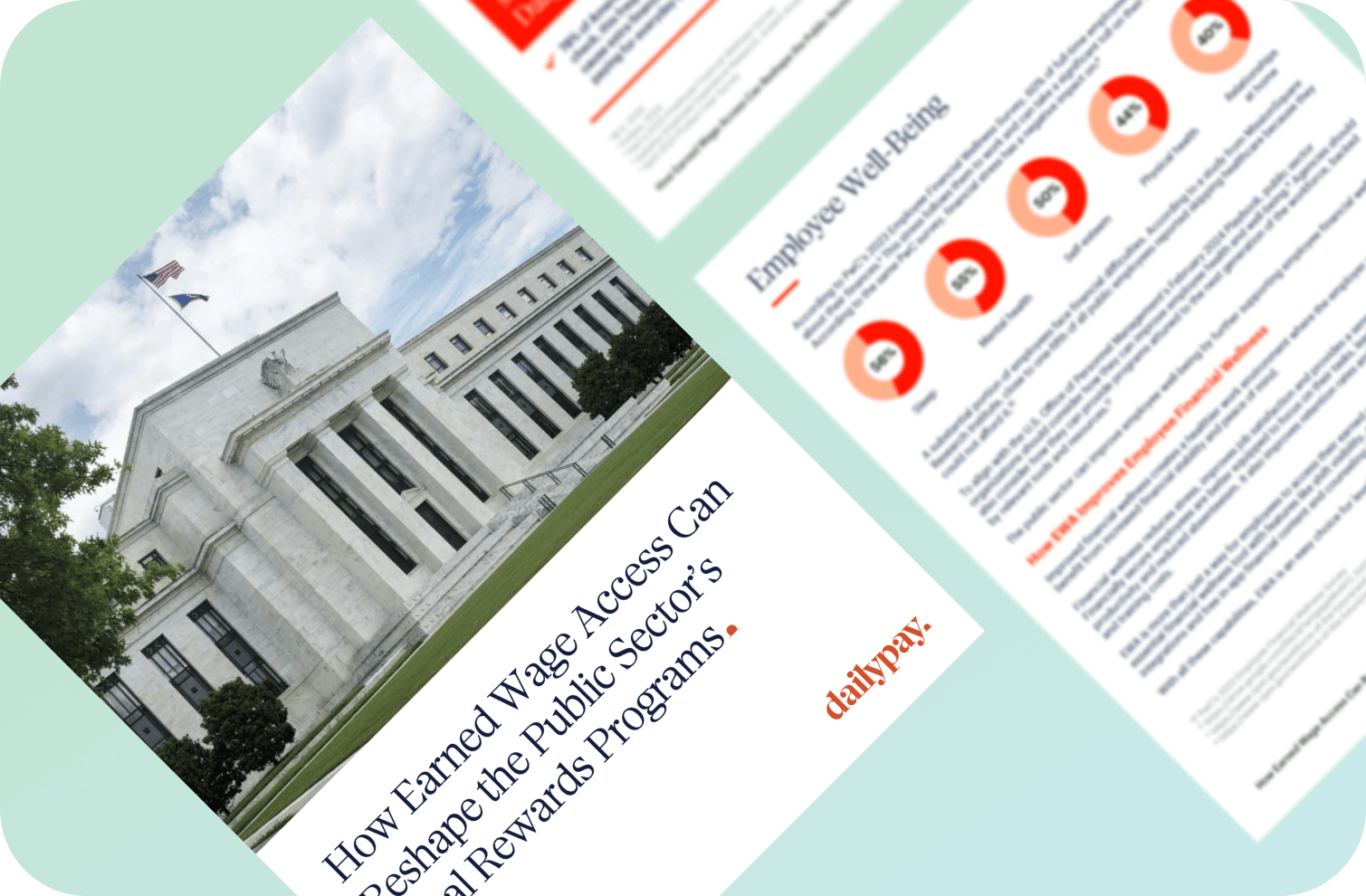 Image of two pages; one shows a government building with text about public sector rewards programs, and the other features a list with charts on employee well-being. The DailyPay logo is visible.
